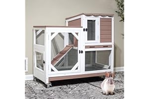 Gutinneen 2-Story Rabbit Hutch with Chew-Proof Ramp & Leak-Proof Trays - Indoor/Outdoor 39.3" Wooden Rabbit Cage with Wheels for Rabbits, Guinea Pigs
