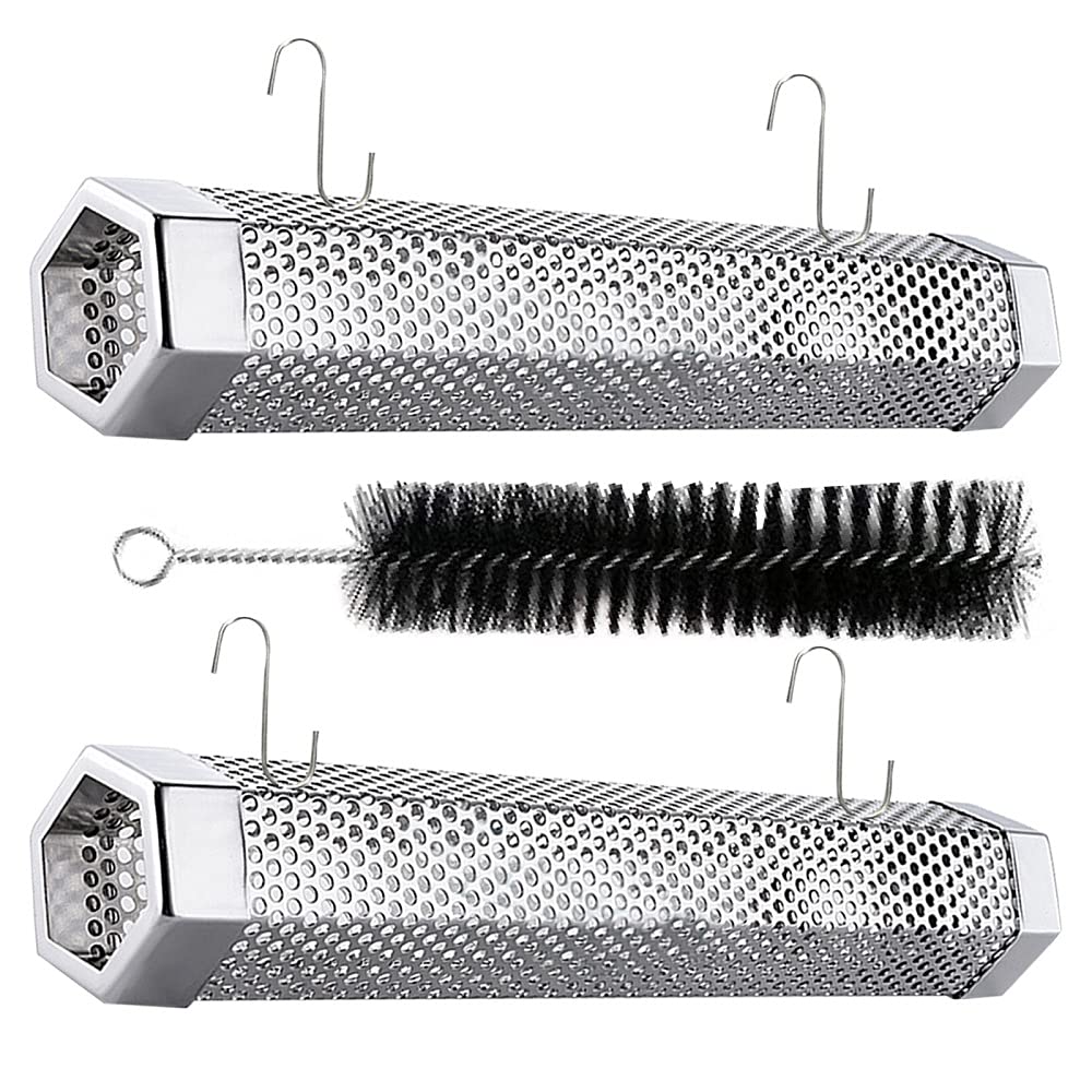 Smoker Tube - 2 Pack 12 inches Stainless Steel BBQ Wood Pellet Tube Smoker for Grills or Smokers, 4x Smoke Tubes with 2 S Shape Hooks and 1 Cleaning Brush