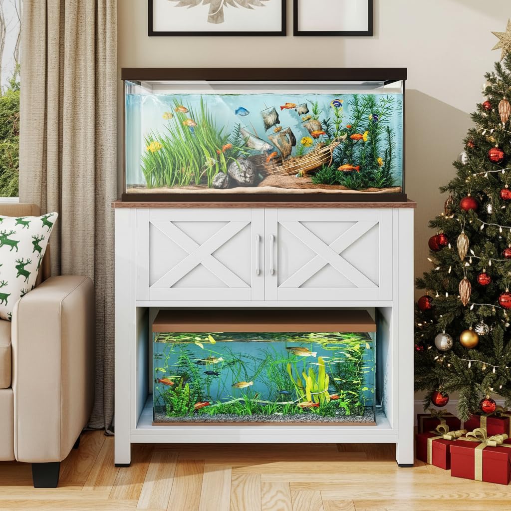 Photo 1 of *** MINOR DAMAGE TO DOOR ***DWVO Heavy Duty Metal Aquarium Stand with Power Outlets, Cabinet for Fish Tank Accessories Storage - Suitable for 40-50 Gallon Fish Tank Stand, Turtle, Reptile Terrarium, 660LBS Capacity, White