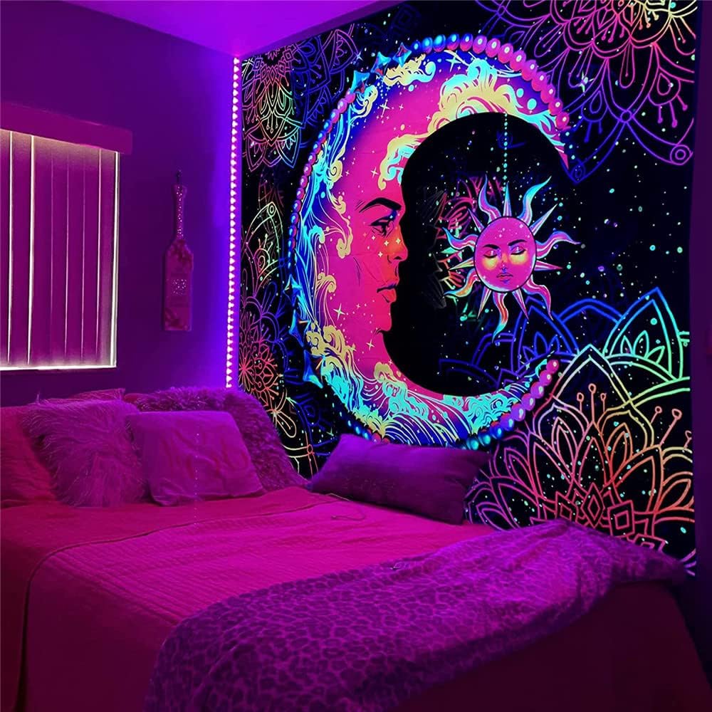 Tapestries - Purple Trippy Decor Tapestry Aesthetic Moon Tapestry UV Reactive Butterfly Tapestries Wall Hanging Fairy Tapestry For Bedroom （ 59