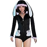 Mobbunny Cute Bunny Ear Onesie Pajama Fuzzy Romper Long Sleeve Loungewear Hooded Jumpsuit Zipper Fluffy Homewear with Socks