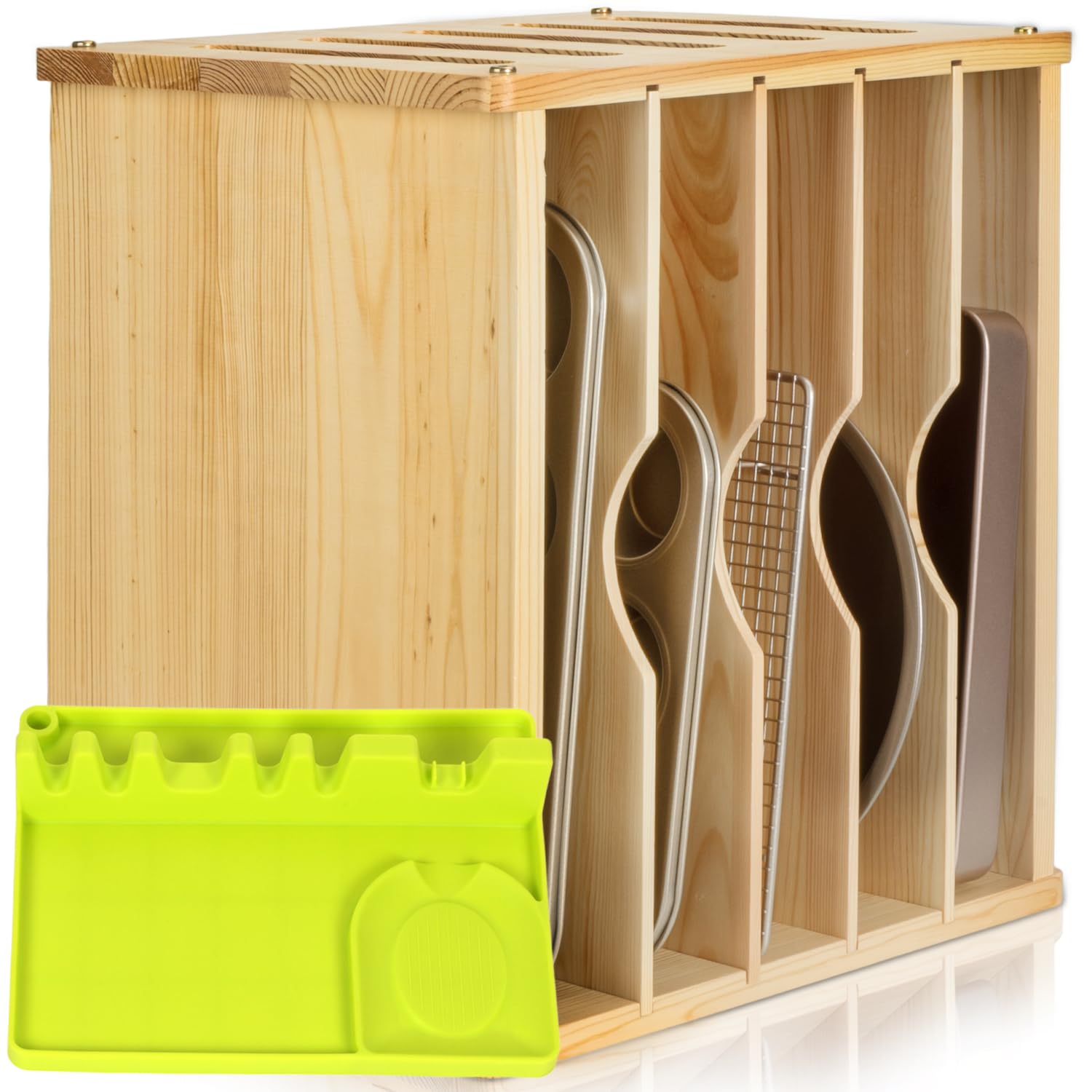 Photo 1 of 6 Tier Wooden Cabinet Tray Dividers for Baking Trays, Pans & Cutting Boards - 16.61" W x12.4 D x14.09 H Vertical Cookie Sheet Organizer, Spoon Rest, Utensil Holder, Kitchen for Pots Pans Storage