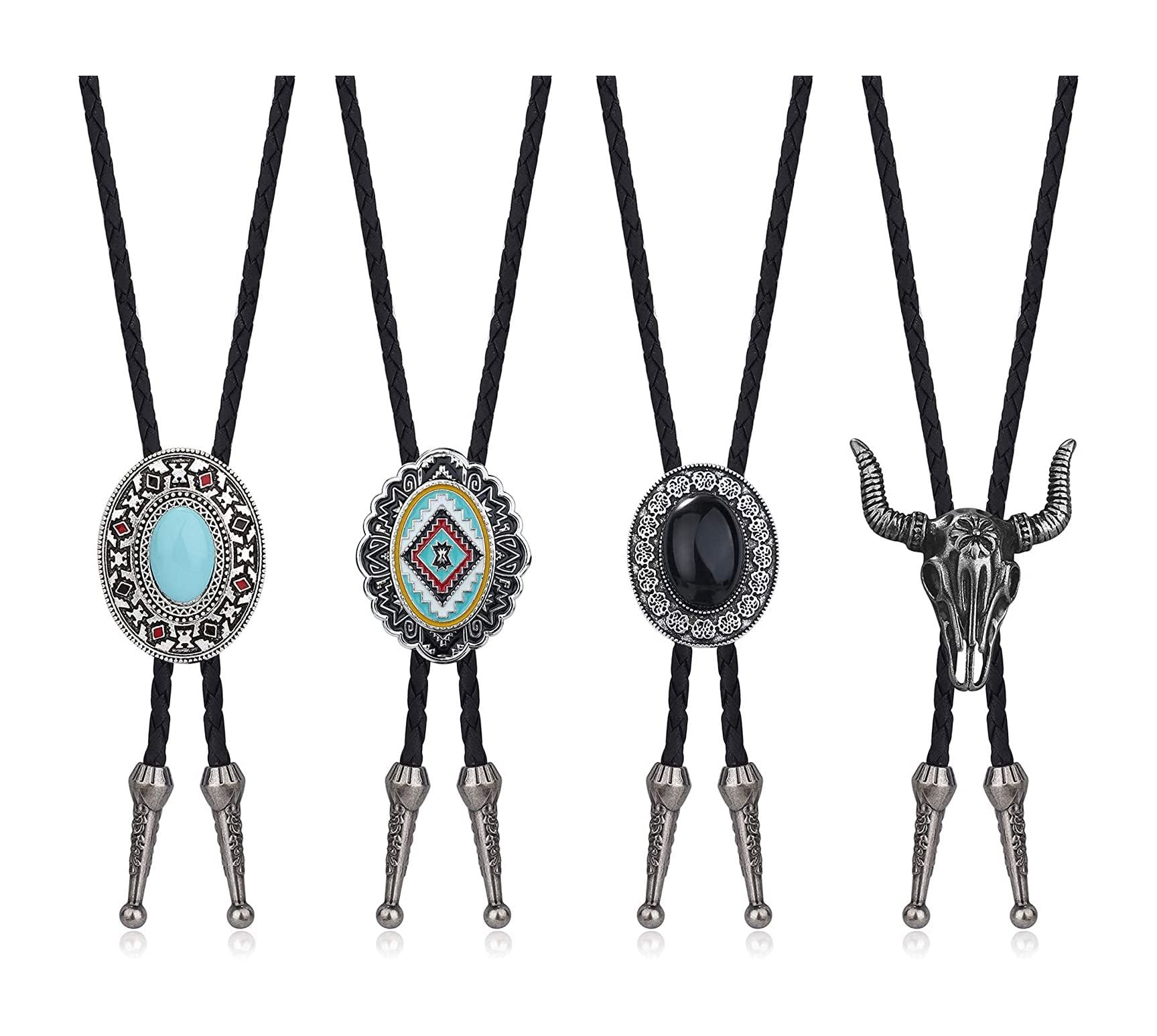 MILACOLATO 4Pcs Western Cowboy Vintage Bolo Tie Men Handmade Leather Round Shape Black Vintage Turquoise Pendant Bolo Ties Necktie for Women,Men