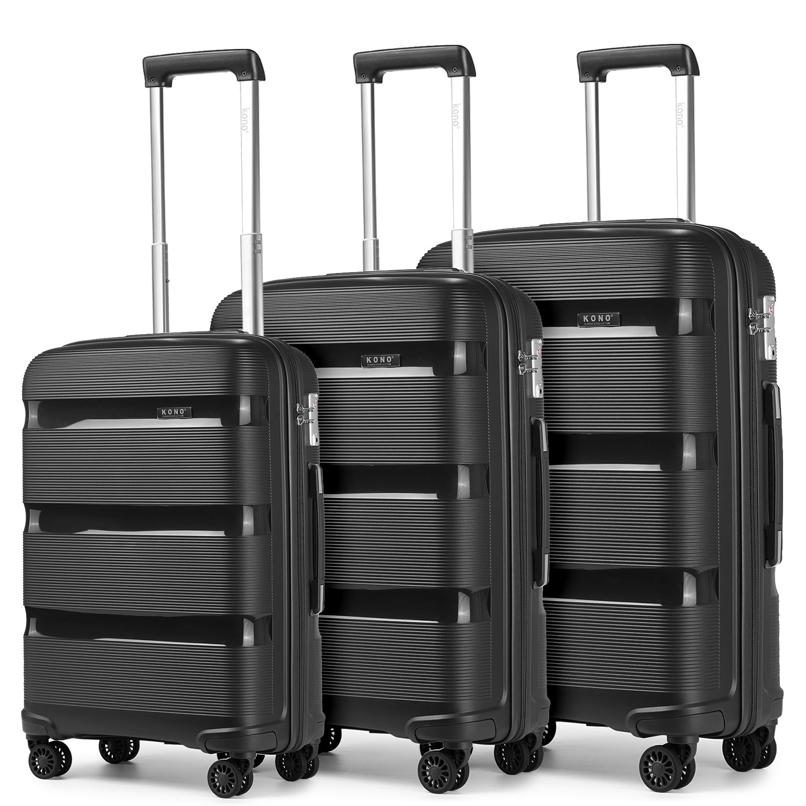 Kono Luggage Sets 3 piece Hard Shell 20/24/28 Inch Suitcase with 4 Spinner Wheels Lightweight Polypropylene Travel Trolley (Black)
