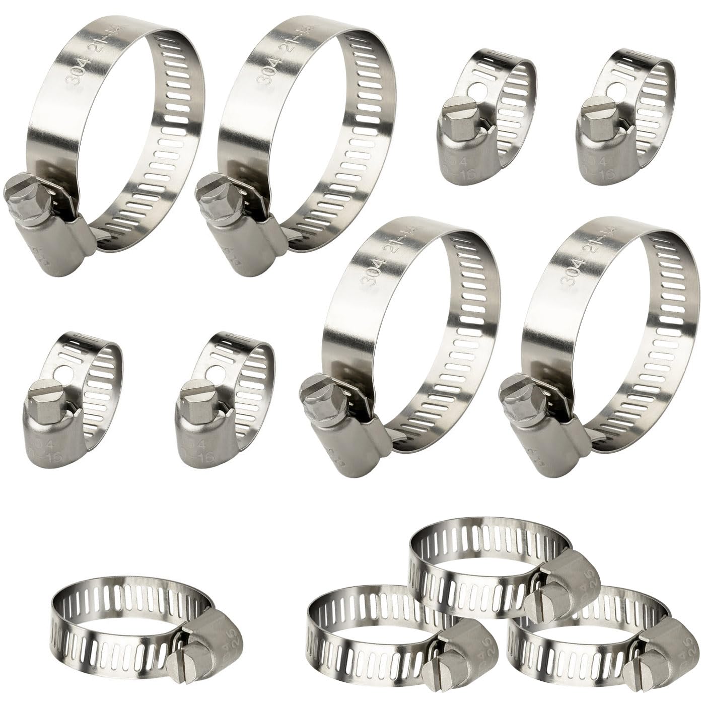 Adamyee 12 PCS Hose Clips Set,Large Jubilee Clips Assorted,Hose Clamps 304 Stainless Steel for Hose Pipe Tube 10-16 mm 16-25mm 21-44mm