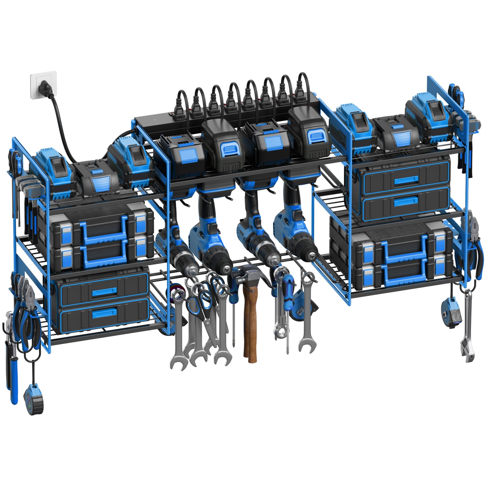 CCCEI Blue Power Tool Organizer Wall Mount, Large Tools and Battery Storage Rack Charging Station Individual Switches. Drills Holder, Garage Utility Shelves with 10FT Power Strip. Gift for Men. Image
