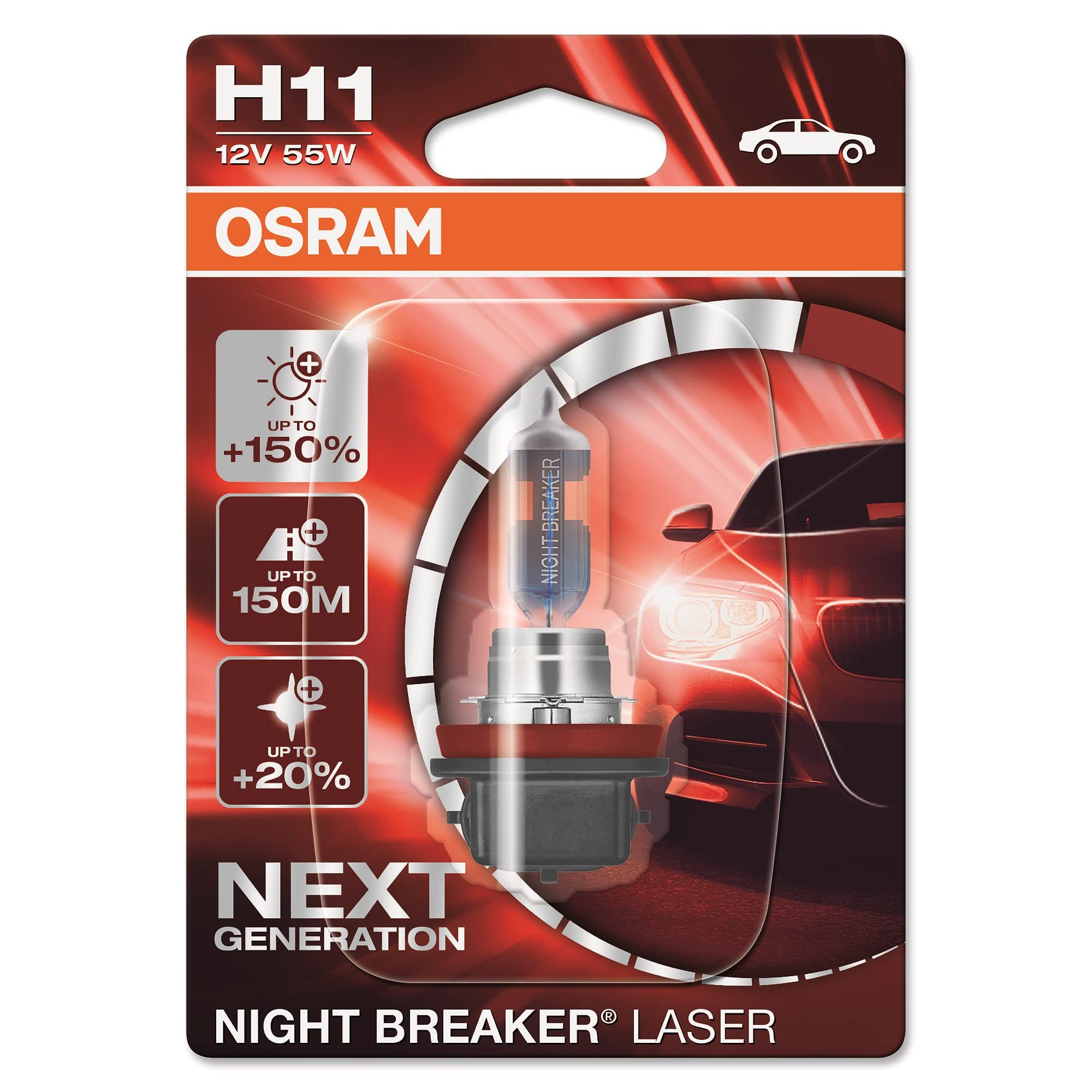 OSRAM Night Breaker Laser H11, Next Generation, +150 percentage More Brightness, Balogen Headlamp, 64211NL-01B, 12V, Passenger Car, (1 lamp), Single Blister