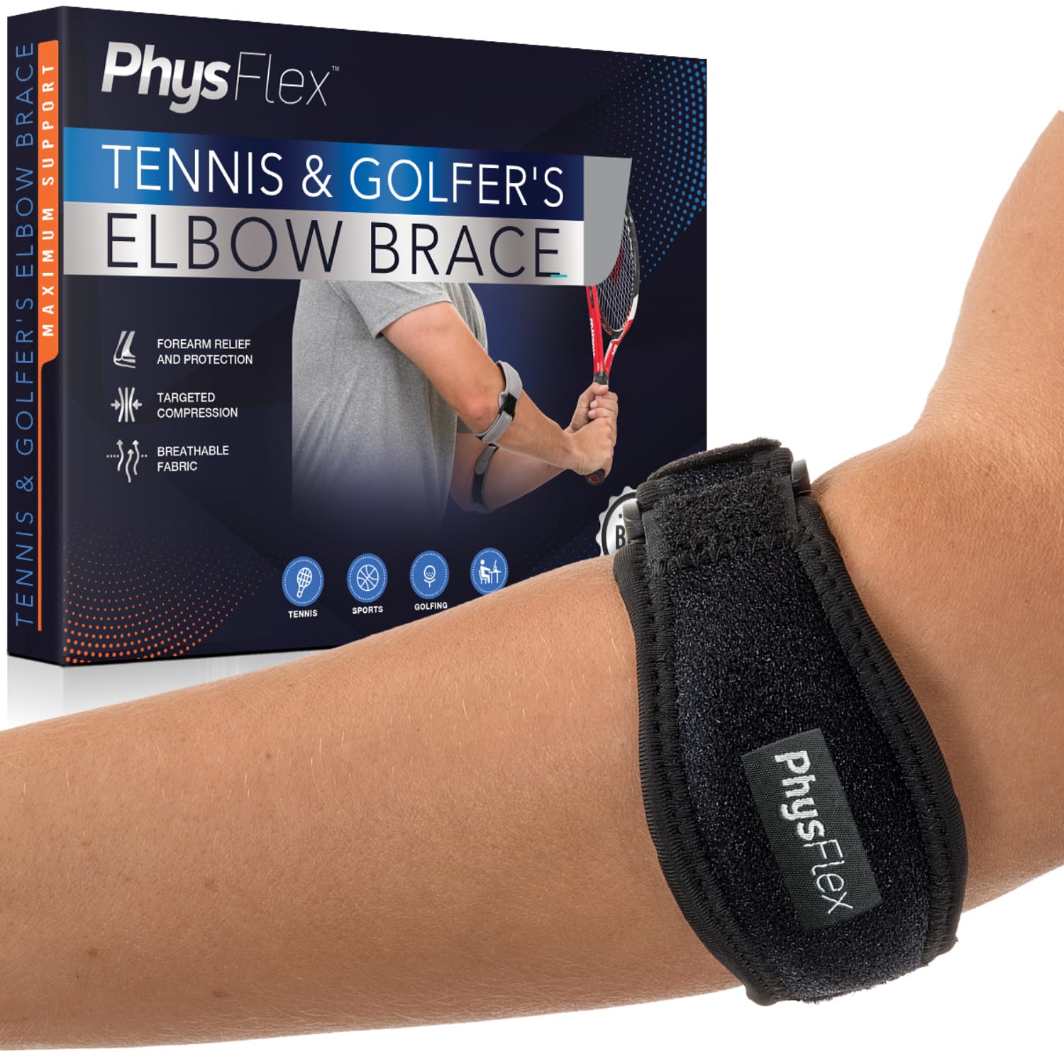 Photo 1 of PhysFlex 1-Pack Elbow Brace for Men & Women, Adjustable Tennis & Golfer's Elbow Support Strap for Tendonitis Pain Relief - Compression Pad for Arm, Forearm, Tendon Pain Relief