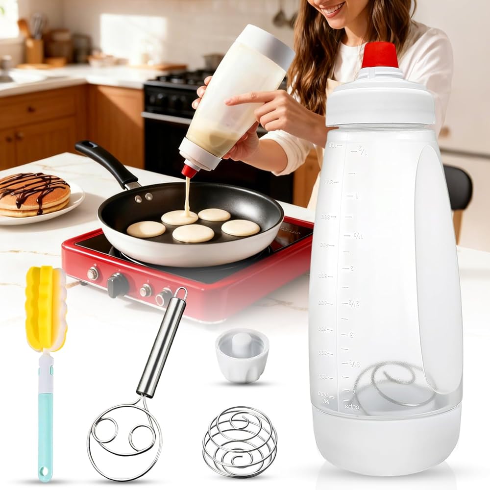 Pancake Batter Dispenser Kit - 4.5-Cup Pancakes Mix Maker with Shaker Ball Stainless Steel Whisk and Brush,Squeeze Bottle for