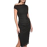 DKNY Womens One Side Off The Shoulder Asymmetric Neck Side Slit Bodycon Midi Dress