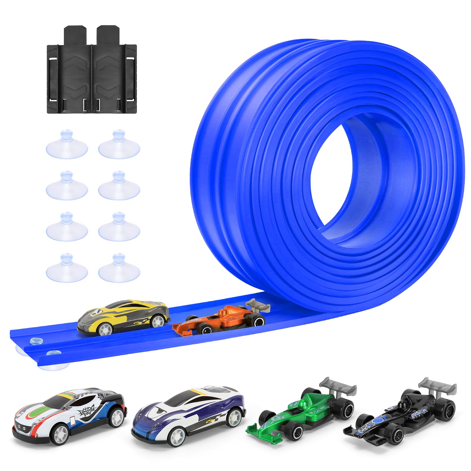 Car Track 5m Includes 4 Cars: KETIEE Flexible Race Track Car Ramp Track Toy Car Race Track Rolls Up Portable Dual Racetrack for Jumps Loops Ramps for 1/64th Cars for Ages 3+, Blue — image 1