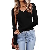 LUXVEER Women's V Neck Scalloped Sweaters Long Sleeve Ligheweight Shirts 2026 Fall Fashion Knitted Tops