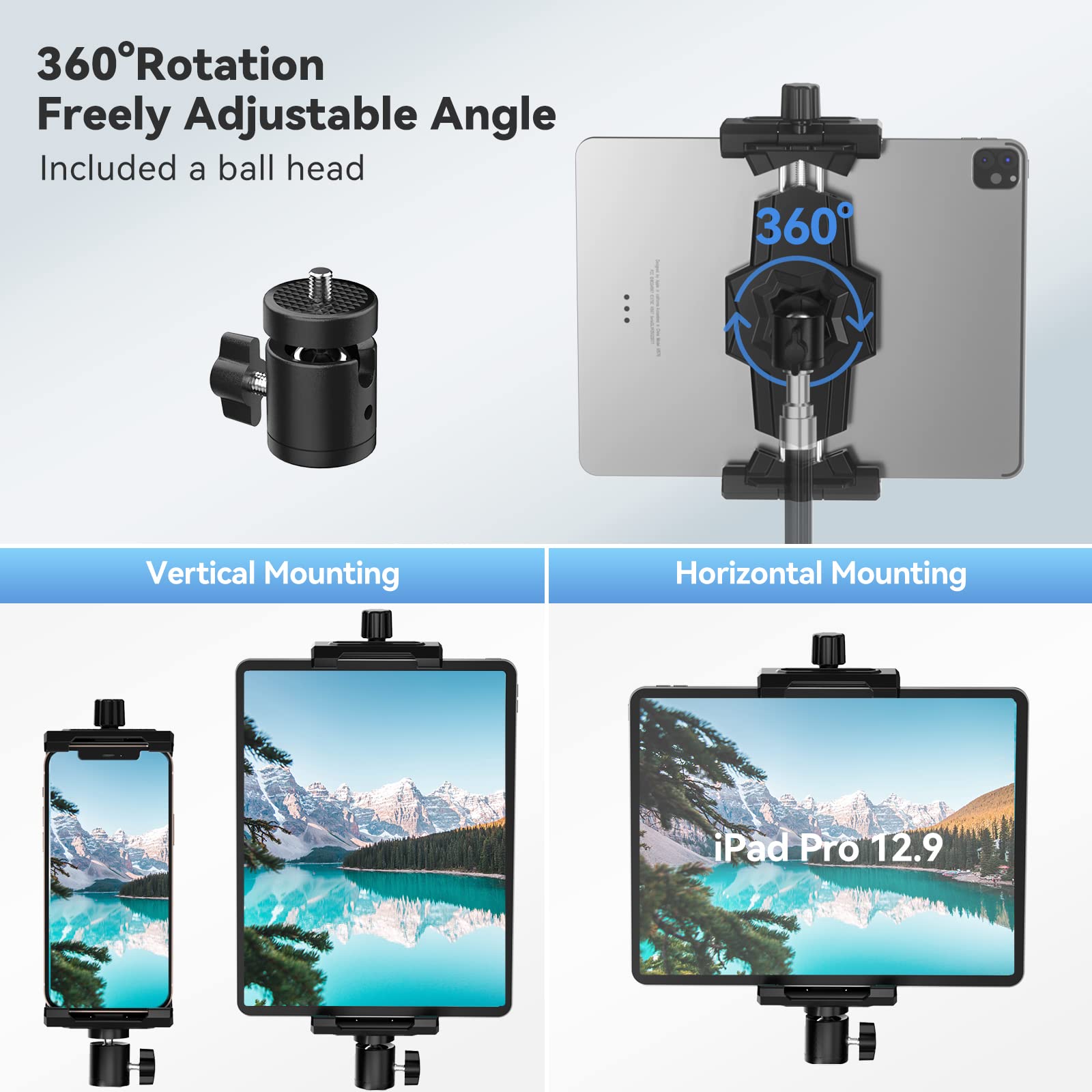 KDD iPad and Phone Tripod Mount Adapter with Ball Head, iPad Holder for Tripod, 360 Rotatable Tablet Clamp Mount fits iPad Pro 12.9, Air Mini 3 4, Galaxy Tab, Surface Pro, Selfie Stick(5.3-10.6