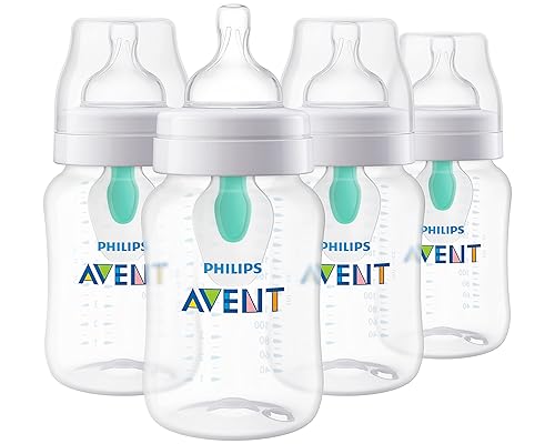 Philips Avent Anti-Colic Baby Bottle with AirFree Vent, 9oz, with Flow 2 Nipples, 1m+, 4pk, Clear, SCY703/04