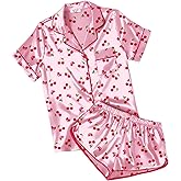 Ekouaer Womens Silk Satin Pajamas Short Sleeve PJS Shorts Set Soft Button Down Sleepwear 2 Piece Loungewear S-5XL