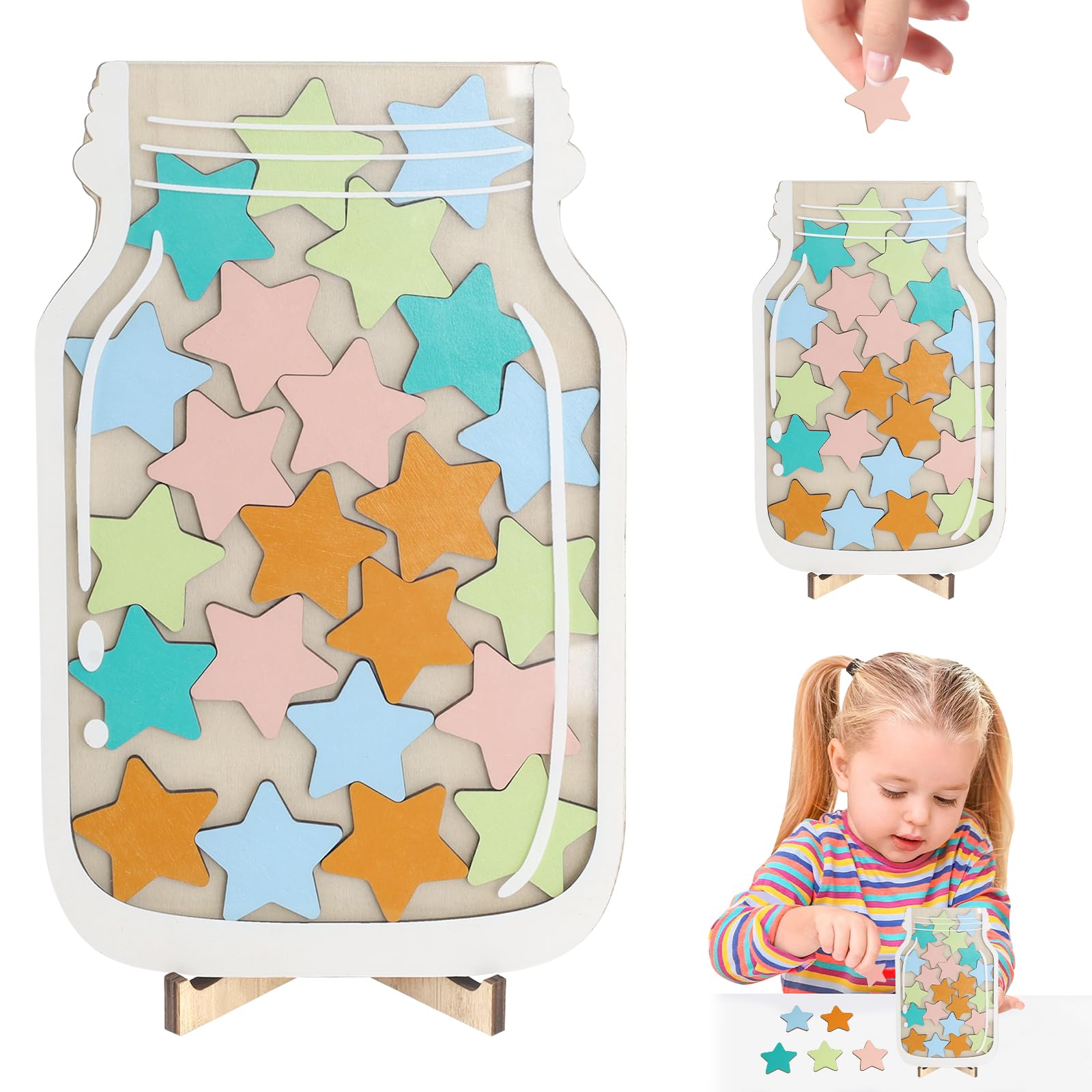 Realjoy Reward Jar with 25 Stars, Star Reward Jars for Children's Good Behavior, Kids Reward Charts with Wooden Bracket and Burlap Bag,for Teacher Parent Home School Class