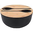 GEHE Bamboo Fiber Salad Bowl with Servers Set - Large 9.8 inches mixing bowls Solid Bamboo Salad Wooden Bowl with Bamboo Lid Spoon for Fruits,Salads and Decoration (Black, 9.8INCH)