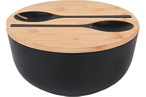 GEHE Bamboo Fiber Salad Bowl with Servers Set - Large 9.8 inches Mixing Bowls Solid Bamboo Salad Wooden Bowl with Bamboo Lid 