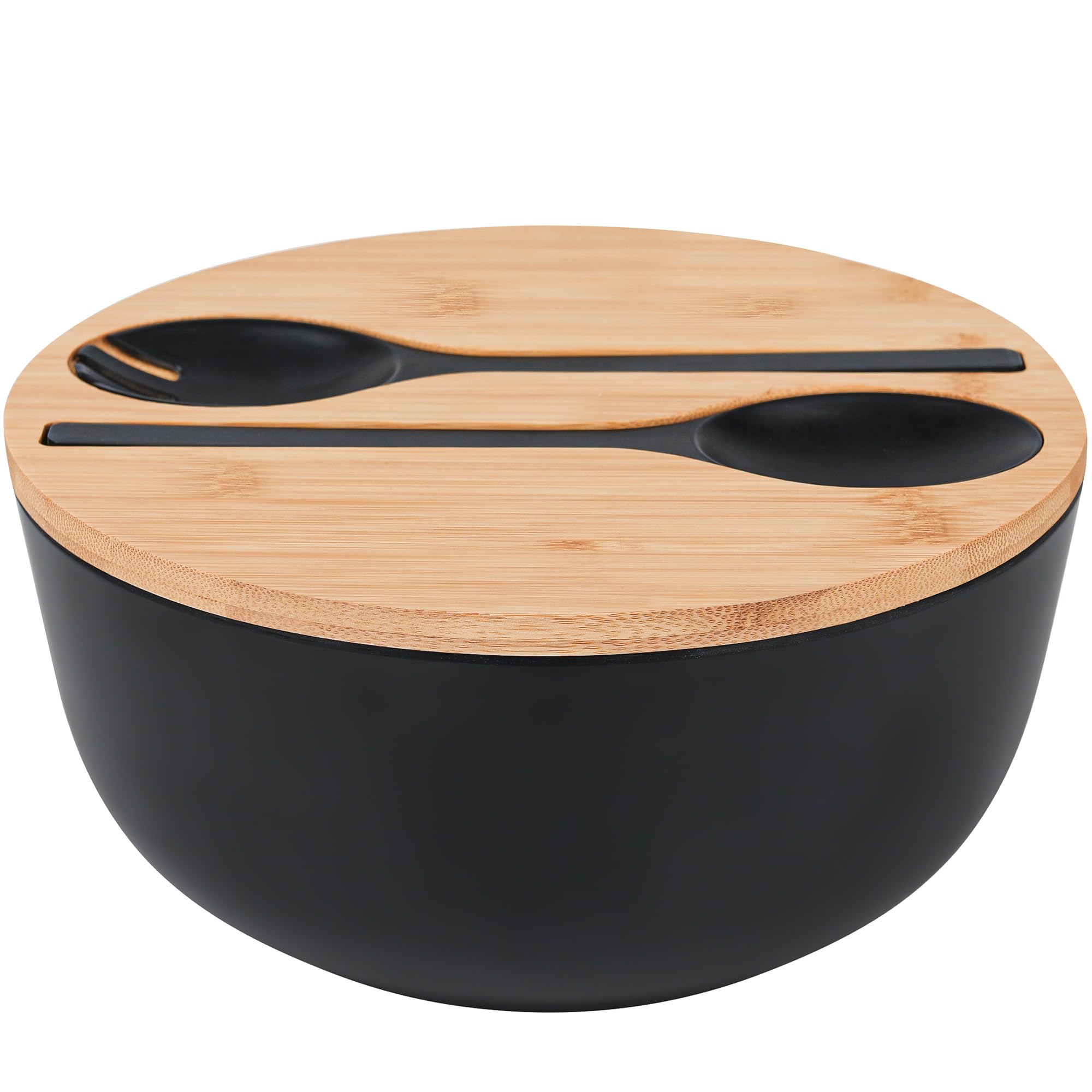 GEHE Salad Bowl with Servers Set Large 9.8 inches Mixing Bowls Solid Bamboo Salad Wooden Bowl with Bamboo Lid Spoon for Fruits, Salads and Decoration (Black, 9.8INCH)