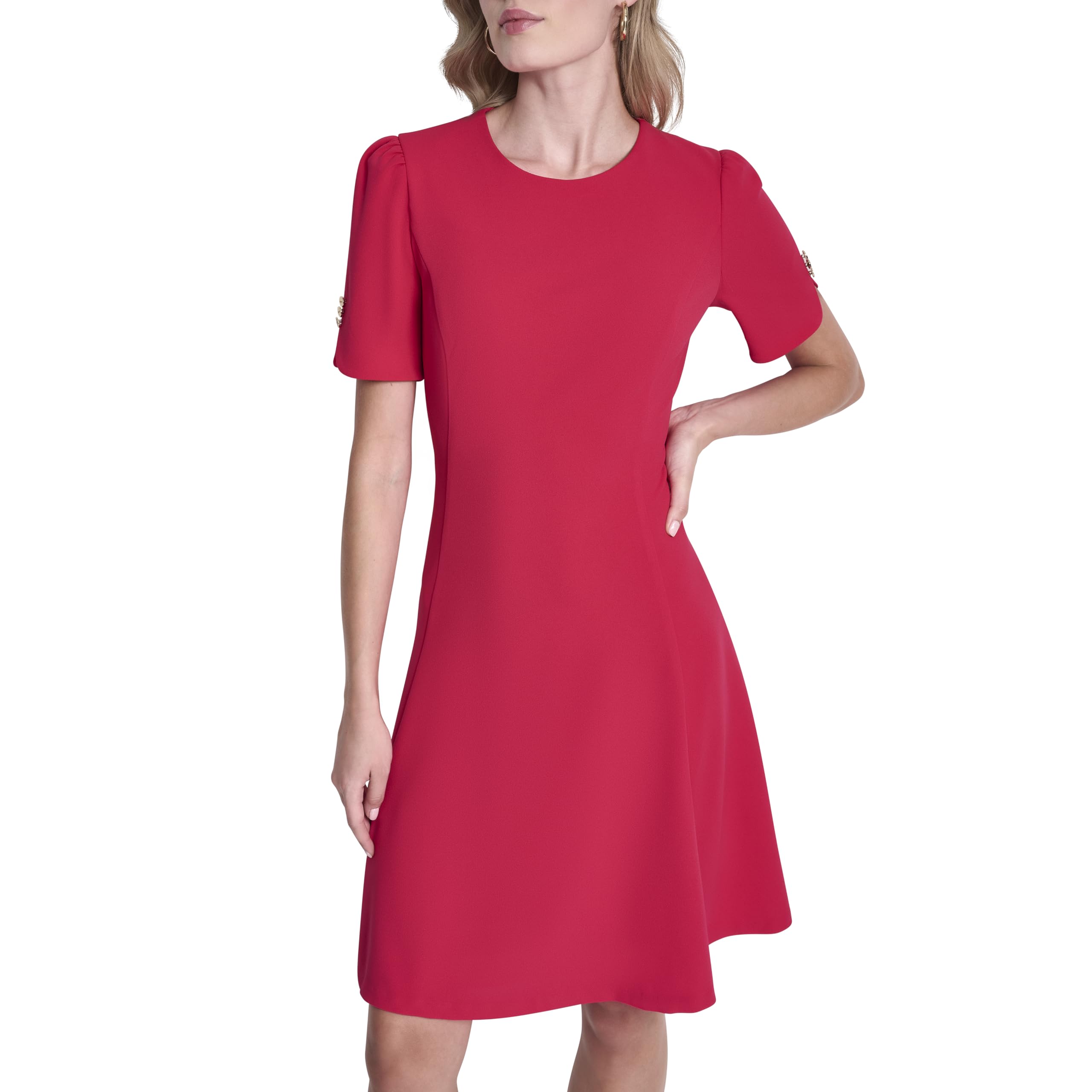 DKNY Women’s Button Short Sleeve Fit and Flare Dress, Lipstick, 4