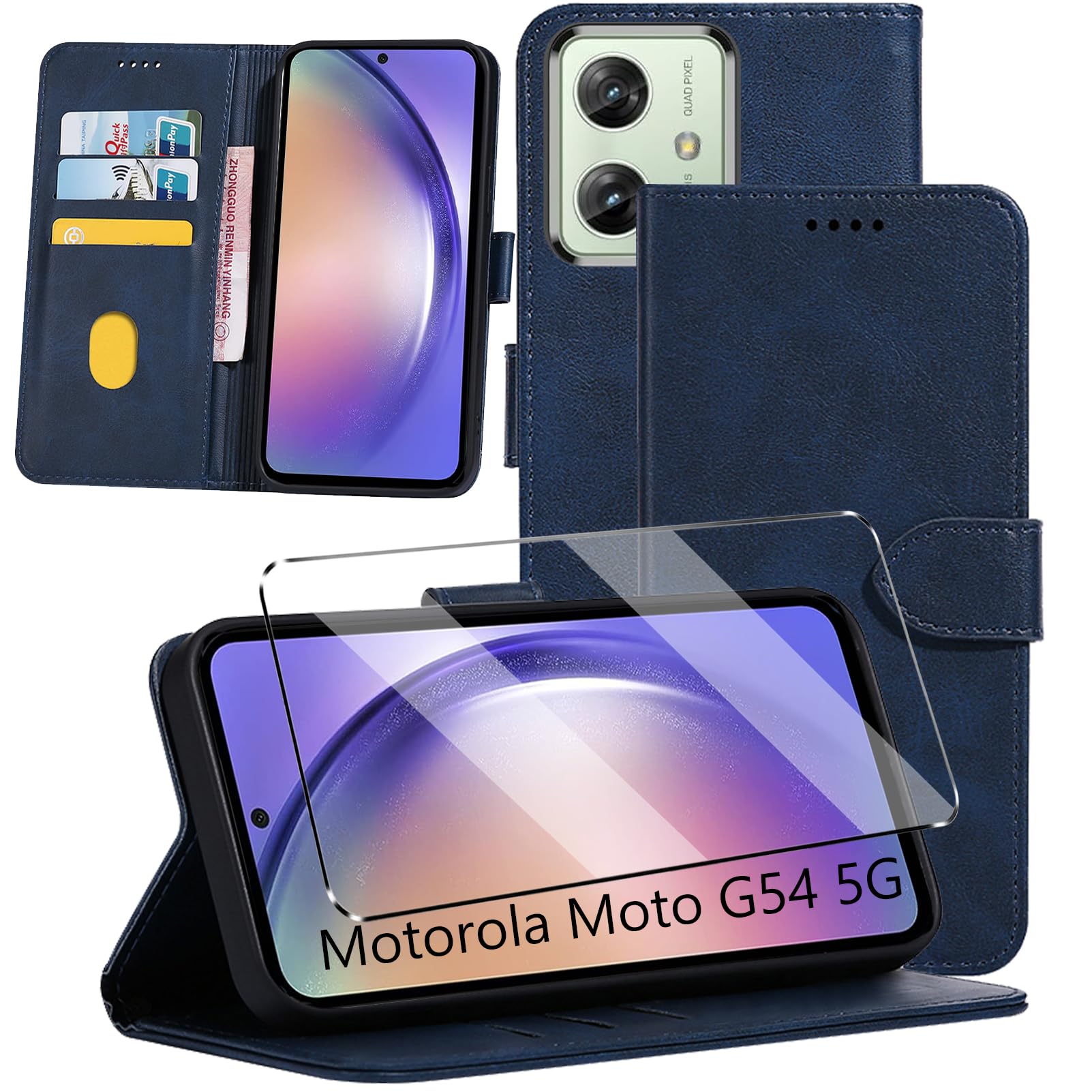 HuiYouMY 2-in-1 Case Compatible with Motorola Moto G54 Leather Phone Case, Wallet Case Cover [Card Slots] [Kickstand] Magnetic Closure Full Protection Book Folio Design wallet flip phone case - Navy