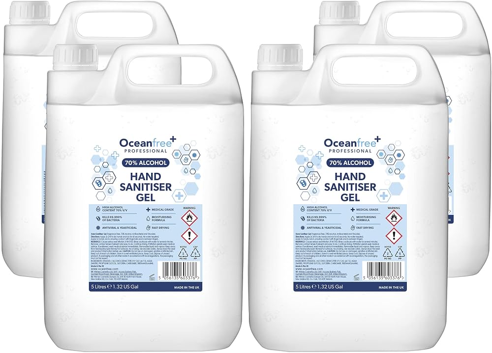 Ocean Free 70% Alcohol Hand Sanitiser Gel 4x5L UK Made Medical Grade