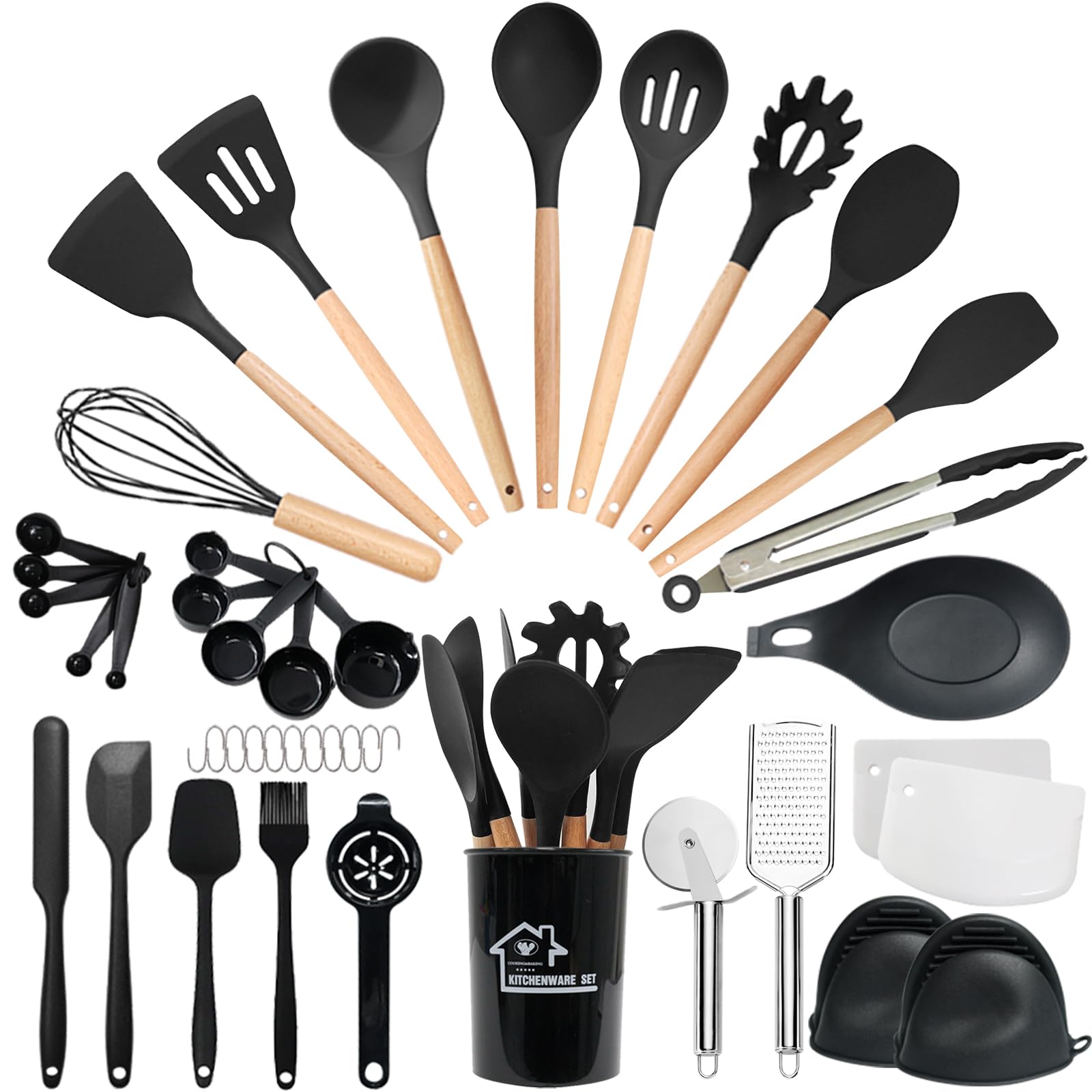 Bestdin Cooking Utensils Set - 43 PCS Silicone Kitchen Utensils Set with Wooden Handle, Nonstick Cookware Tongs Spatula Spoon Set, Heat Resistant Silicone Utensil Set, Black Kitchen Accessories
