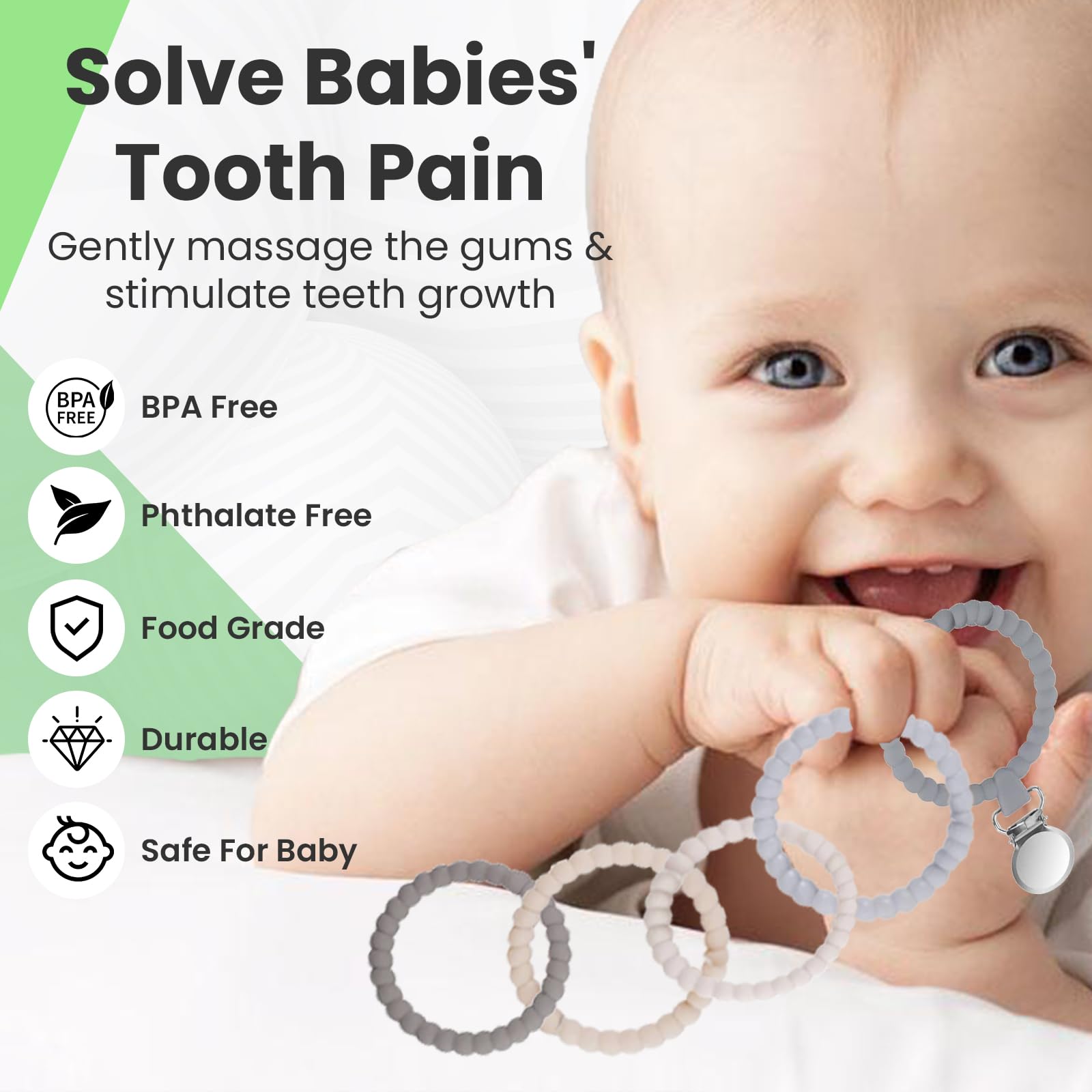 Silicone Sensory Teether Rings with Clip