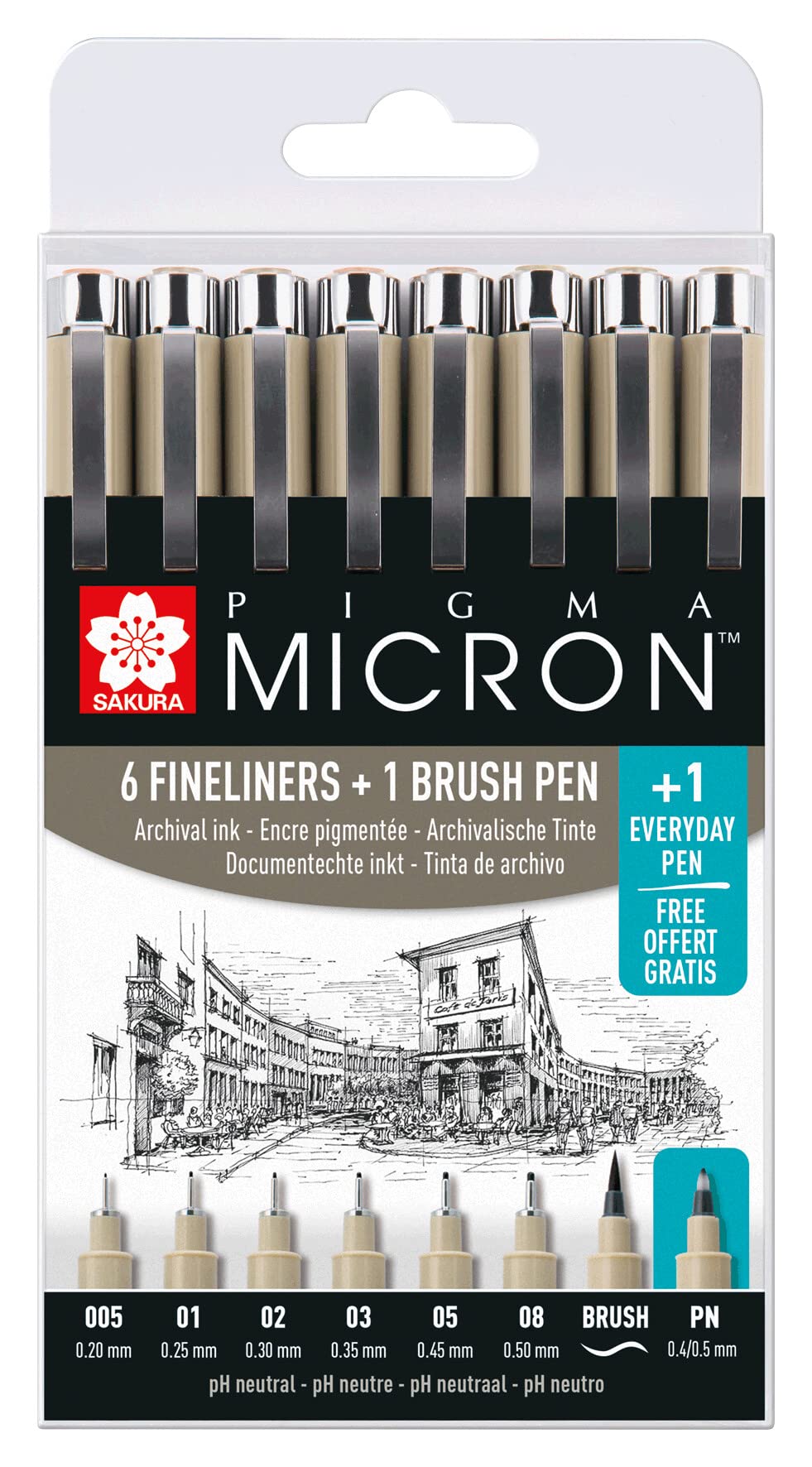 SAKURA Pigma Micron Fineliner Set - 6 Nib Sizes + Brush & PN Pen Free - Black - Waterproof & Fade Resistant