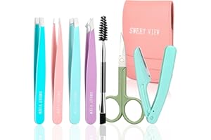 SWEET VIEW 7pcs Eyebrow Tweezers Kit, Stainless Steel Tweezers for Women and Man, Precision Plucker for Facial Hair, Chin, Ey