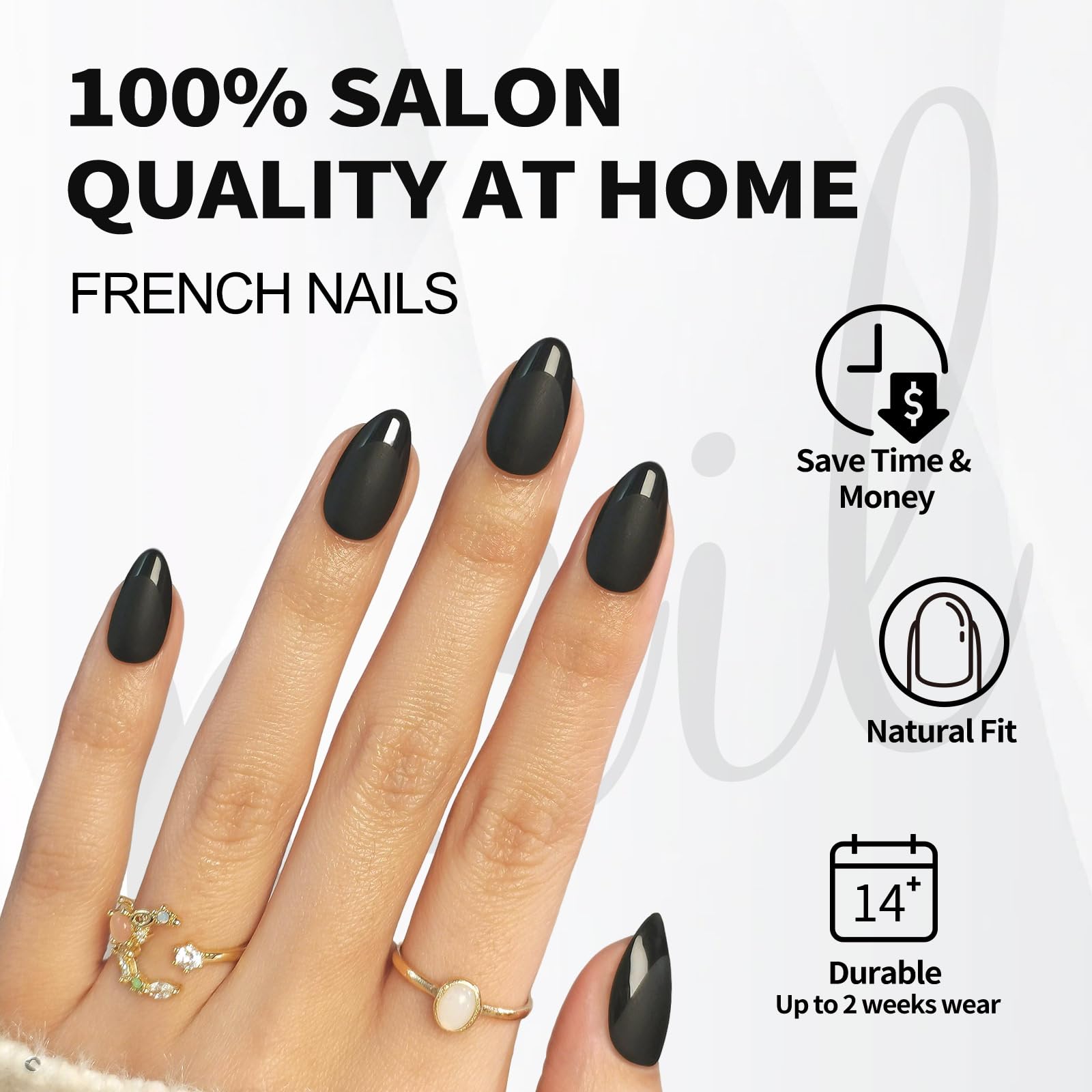 SHANGMENG Matte Black French Tip Press on Nails Almond - Soft Gel Press on Nails Short for Women Gift, Fit Perfectly & Natural Stick on Nails with Glue in 16 Sizes - 32 Reusable Fake Nails, Black - Image 2
