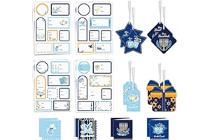 WERNNSAI Hanukkah Gift Tags Set with 64 Stickers, 8 Ribbon Tags & 8 Mini Notecards (Star of David, Menorah, Dreidel) Holiday 
