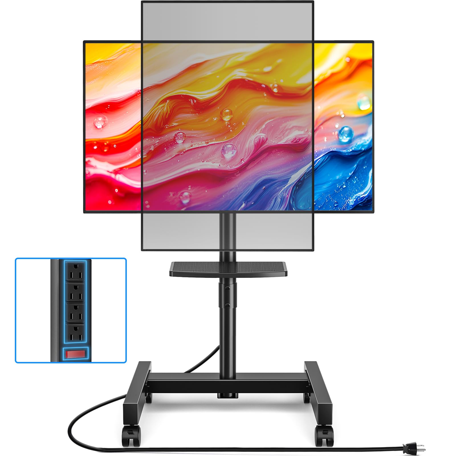 Photo 1 of Rfiver Rolling TV Stand with Power Outlet for 13-50 Inch TVs, Tilting and Rotating Mobile TV Cart up to 55 lbs, Portrait to Landscap, Height Adjustable TV Floor Stand with Shelf, Max VESA 200x200mm