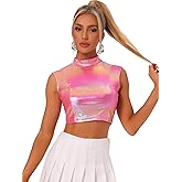 Allegra K Metallic Top for Women's Sleeveless Crop Shirts Zipper Shiny Halloween Party Tank Tops