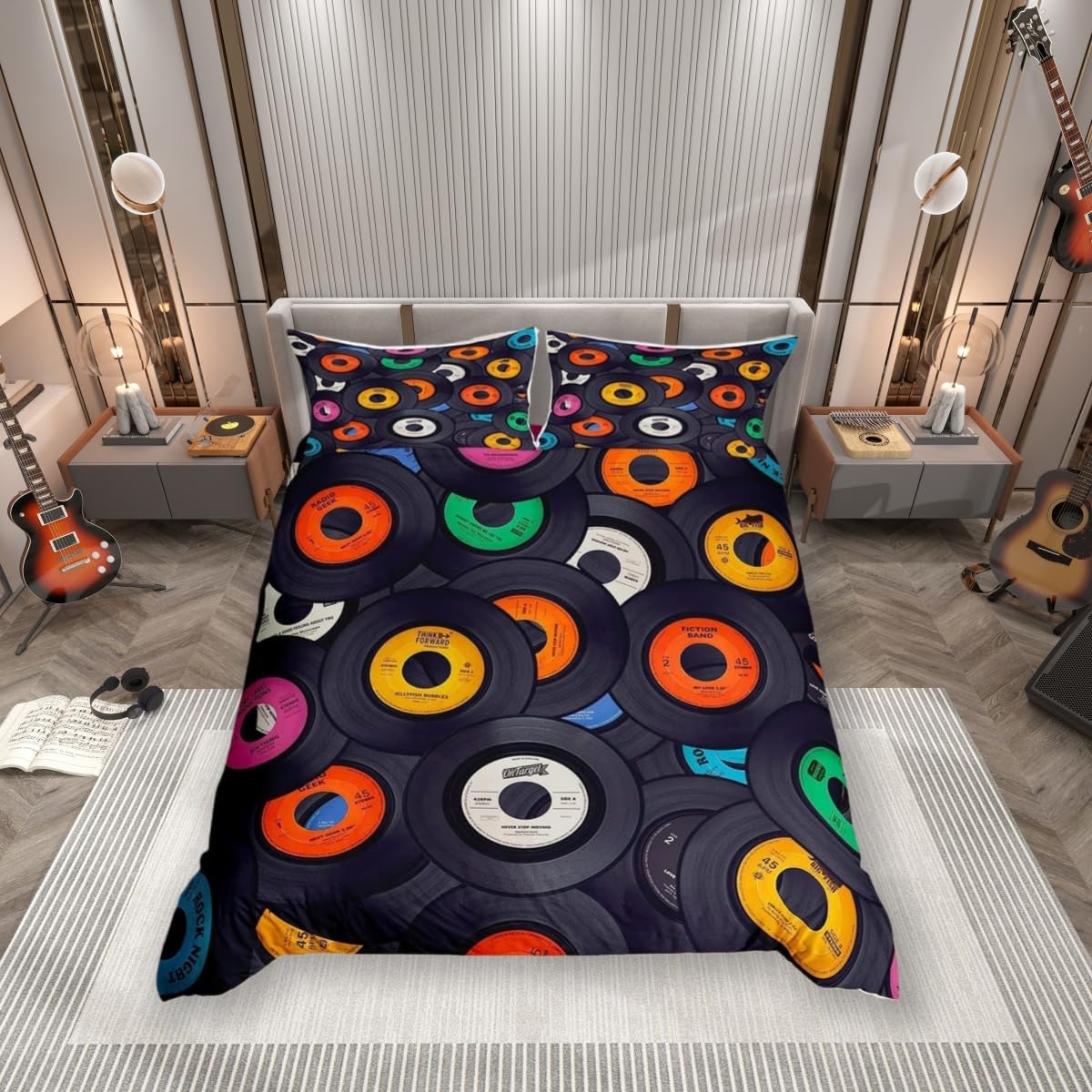 Musical Theme Duvet Cover Set (No Comforter) Black to Blue Purple Vinyl Records Decor Bedding Set for Kids Girls Teens Comforter Cover with Zipper Ties (1 Duvet Cover + 1 Pillow Case) Single Size