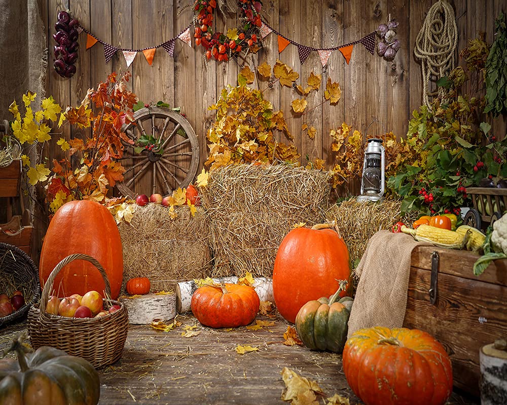 Haosphoto Happy Thanksgiving Day Backdrop 7X5FT Vinyl Greeting Autumn Harvest Backdrops Haystack Hay Bale Farmland Fall Pumpkins Photography Background for Family Halloween Photo Studio Props HS66