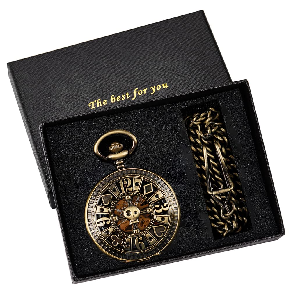 Men's Mechanical Holoow Design Hand Wind Pocket Watch Roman Numerals Steampunk with Chain Box