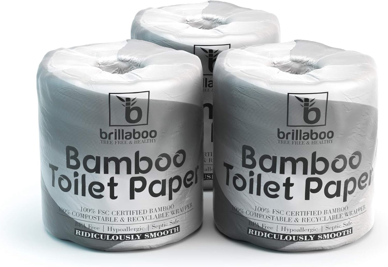 BrillaBoo Pure Bamboo Toilet Paper | 100% Tree Free Hypoallergenic Bamboo Toilet Paper For Sensitive Skin | Plastic, Tree & Lint Free | Septic-Safe - 3 Ply - 200 Piece Roll | 12 Rolls: Health & Personal Care