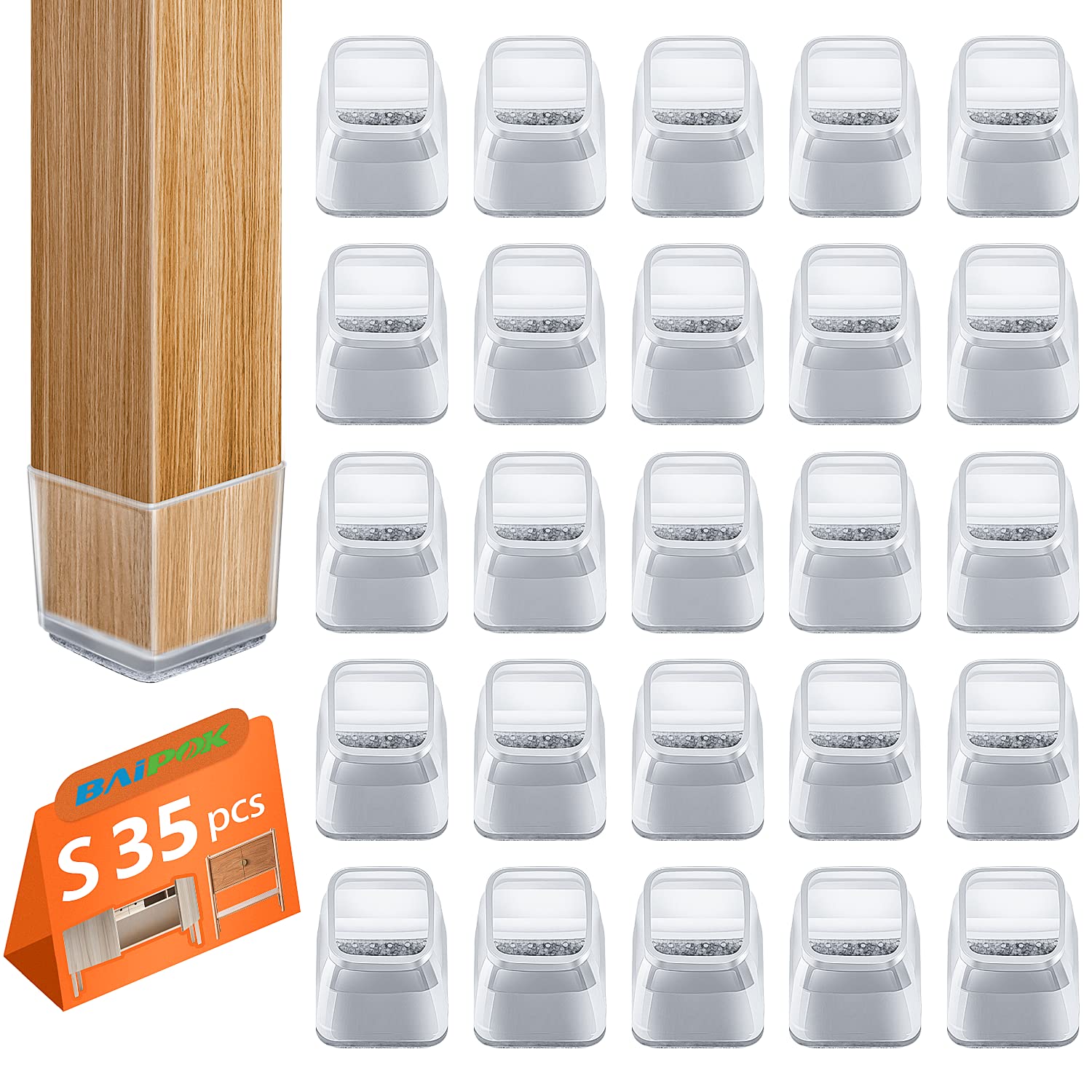 35pcs Square Chair Leg Floor Protectors, Silicon Chair Leg Cover for Hardwood Floors, Rectangle Floor Protectors for Chairs, No Scratches and No Noise(Small)