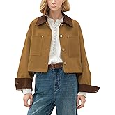 Agoeast Womens Cropped Barn Jacket Contrast Collar Long Sleeve Button Utility Coat Casual Outwear with Pockets