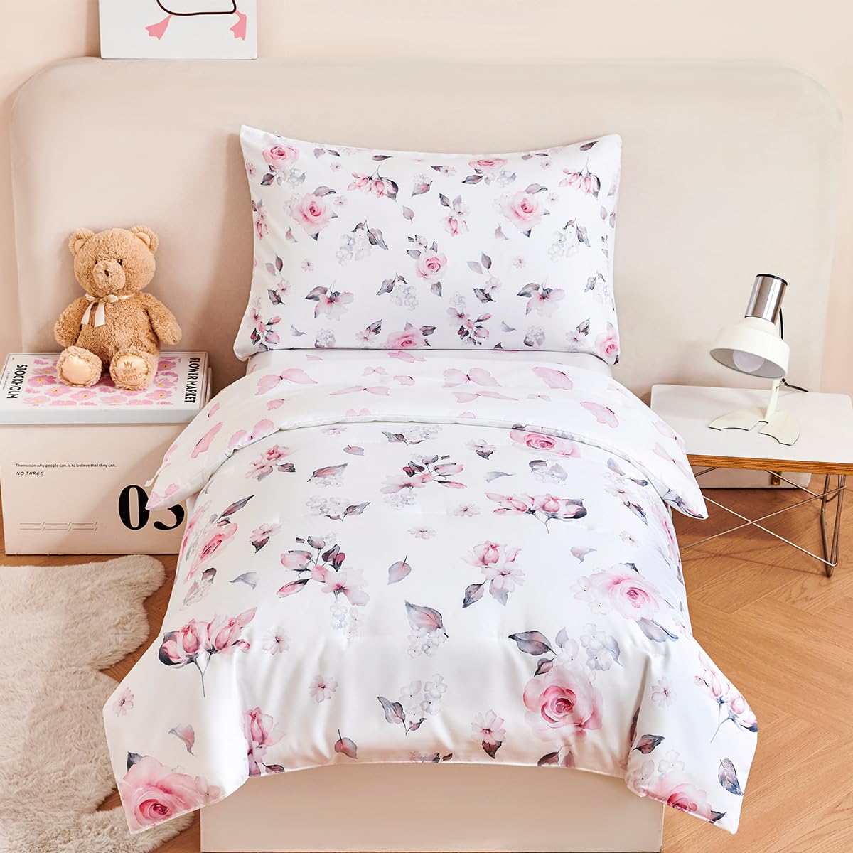 STYHO Pink Toddler Bedding Sets for Girls Rose Flower Duvet Cover with Pillowcase Soft Reversible Floral Cot Bed Duvet Cover Sets for All Seasons(Rose, Cot Bed) — image 1