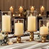 NITIME 4pcs Hurricane Candle Holder for Pillar Candles, Gold Candle Holders with Clear Glass Sleeve for Table Centerpieces,Pi