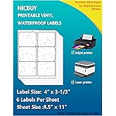 90 Printable White Glossy Waterproof Vinyl Bottle Labels, Inkjet & Laser Compatible, 4 x 3-1/3 Inch