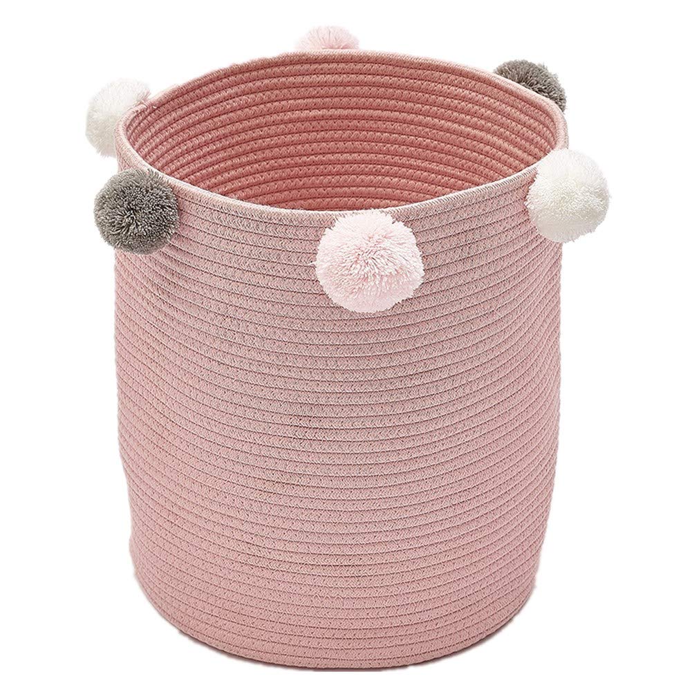 KiKom Natural Woven Storage Basket, Laundry Basket,Blanket Basket,Woven Cotton Rope Basket,Children & Pet Toy Storage Basket, 12" x 14" Round Natural Woven Basket And Fur Ball 1PC Pink