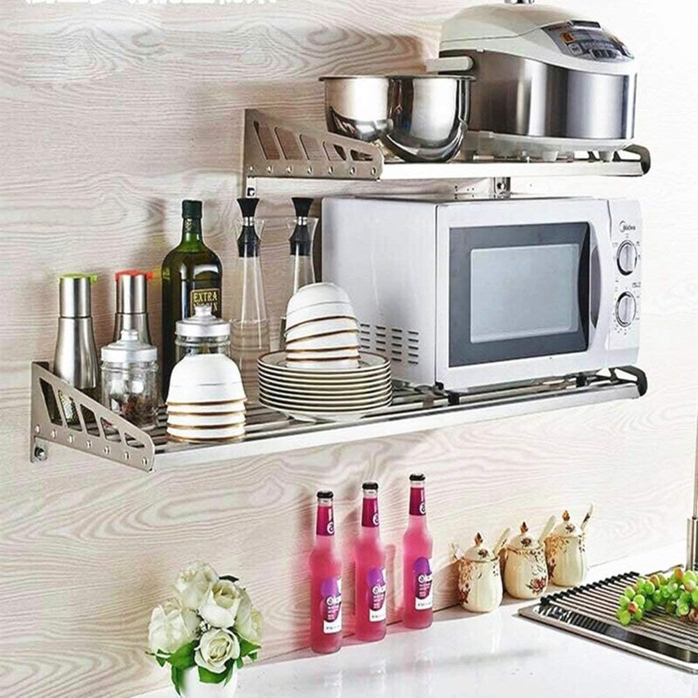 kicthnslf Kitchen Shelf Organizers and Storage Home Cupboard Organizers Shelves Spice Cooker Shelf Wall Mounted Microwave Oven Bracket with Rod Stainless Steel, Wide 35CM, Long 50/80CM Convenient and
