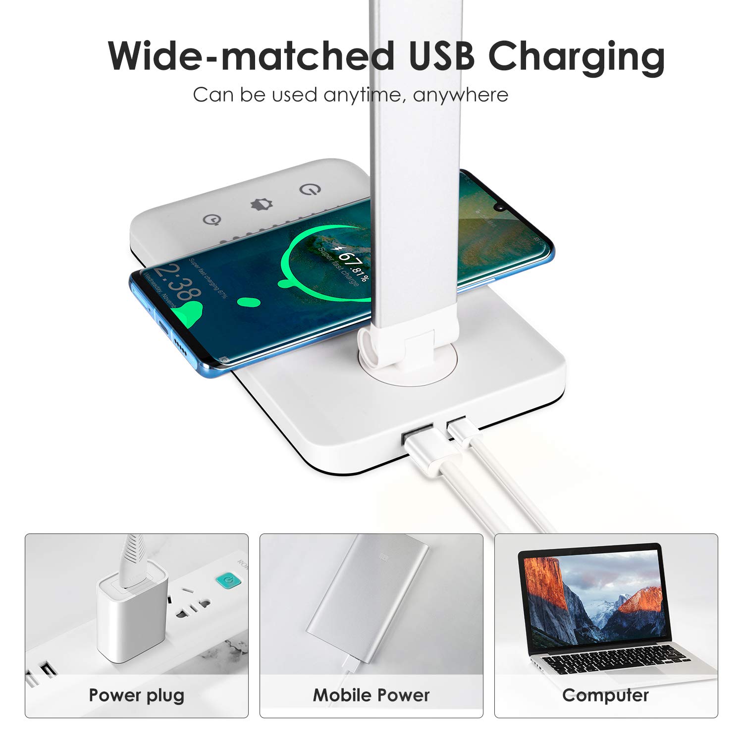 bedee LED Desk Lamp, Eye-Caring Table Lamps for Kids Study Office Bedside, Portable Desktop Lamp with Wireless Charger, Touch Control Dimmable 5 Brightness Levels, 5 Lighting Modes and Timer, Silver