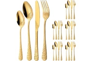 KHZSPP 24 Piece Stainless Steel Silverware Set,Elegant Floral Engraved Cutlery Flatware Set for 6,Mirror Polished Cutlery Set