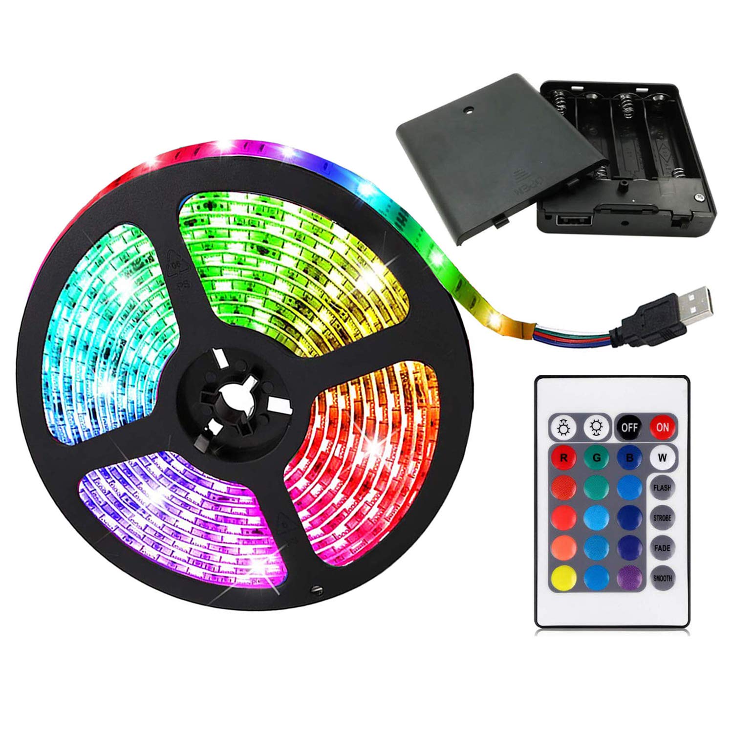 aijiaer Battery Powered Led Strip Lights, 5050 2M/6.6FT, Waterproof Flexible Color Changing RGB LED Light Strip, 60 LEDs 5V Battery-powered with RF Controller