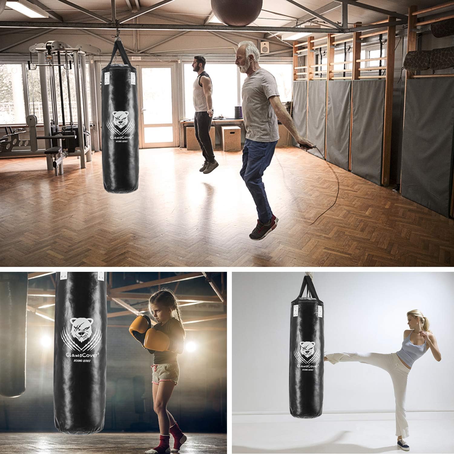 ClawsCover 4FT Heavy Punching Bag Boxing UNFILLED Premium PU Leather Hanging Kickboxing Bags Banana Bag for MMA Muay Thai Martial Arts Taekwondo Workout Training Fitness, Black : Sports & Outdoors