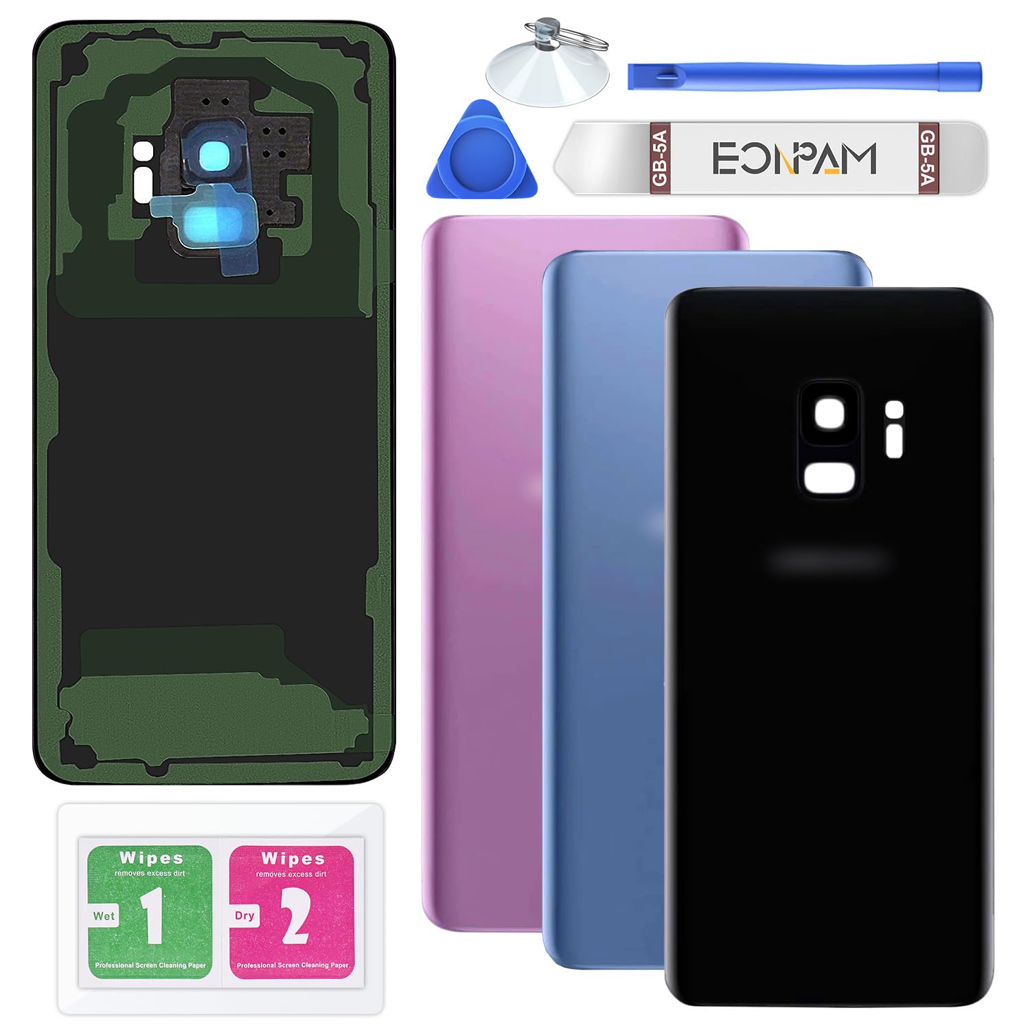 Eonpam Back Cover Glass for Samsung Galaxy S9 G960 Rear Glass Replacement with Camera Lens + Repair Kit Genuine Rear Housing (Black)